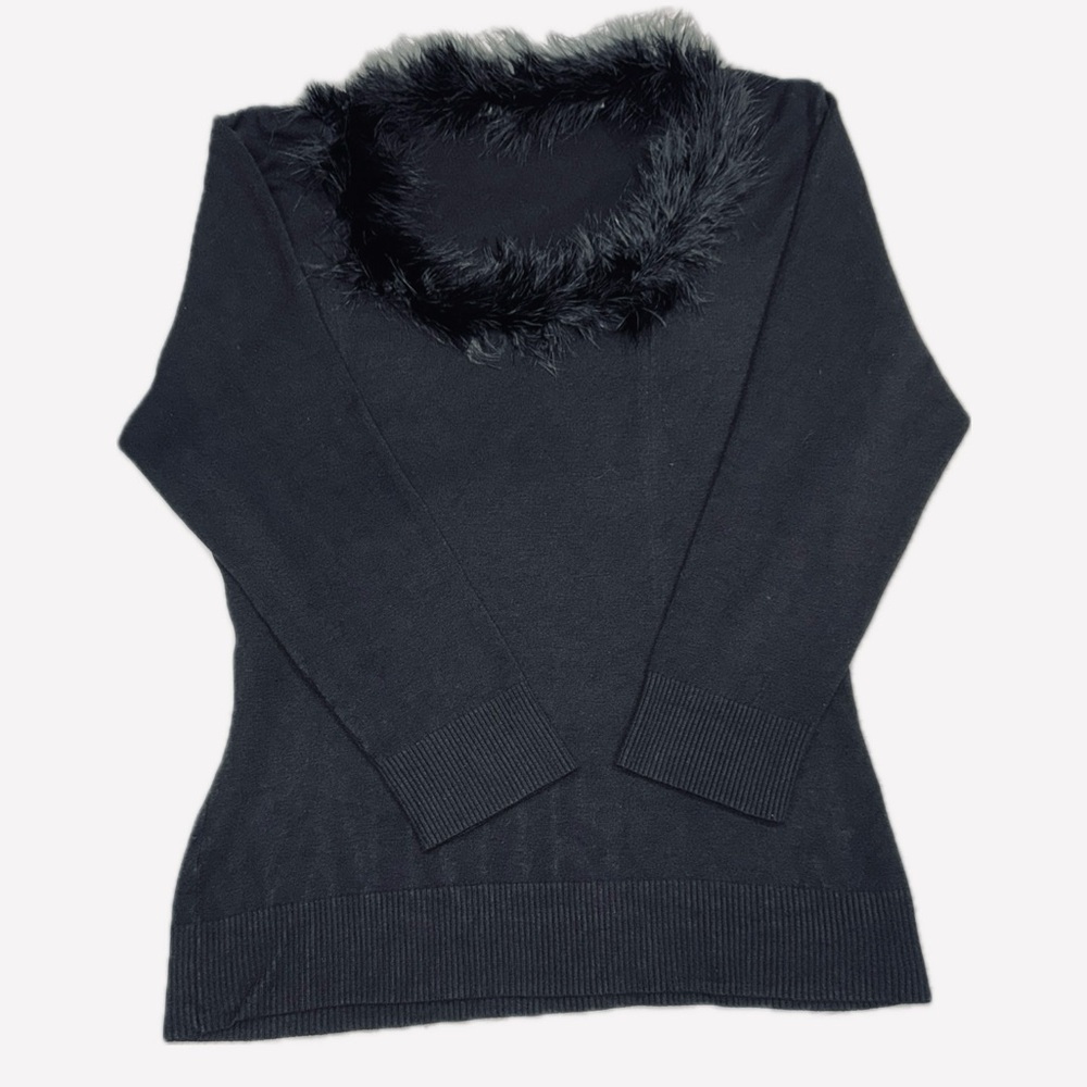🎄🥂 MAX STUDIO Black Stretch‎ Feather-Collar Holiday Sweater Top | Sz L